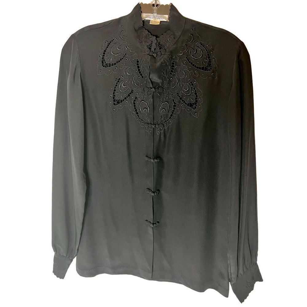 Vtg Garfinckel’s Black Cut Out Decor Frog Closure Blouse sz 10 See Measurements